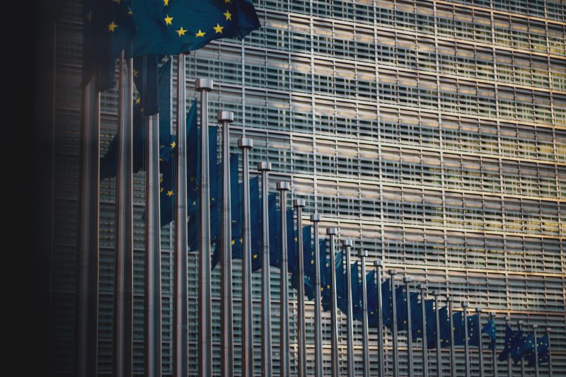 Rząd masztów z flagami UE - ilustracja dekoracyjna