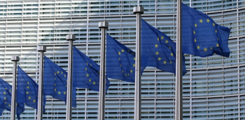 Rząd masztów z flagami UE - ilustracja dekoracyjna