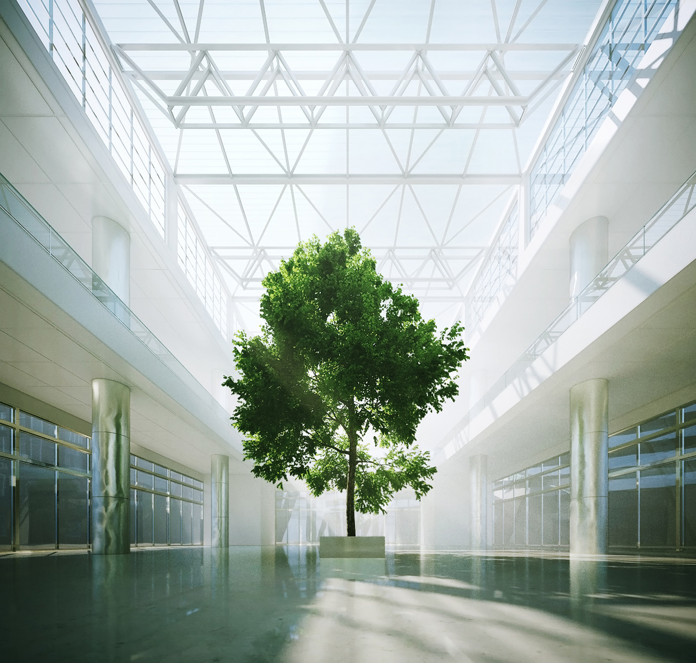 Zielone drzewo wewnątrz holu budynku - ilustracja dekoracyjna